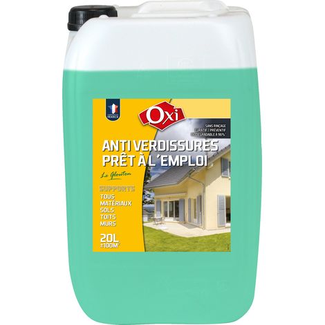 Anti verdissures prêt à l'emploi 20 litres – Élimine lichens et champignons – Pour tuiles, briques et crépis – Action biologique sans javel – OXI