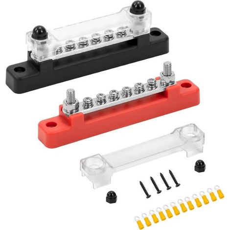 12V-48V DC-Bus-Schaltblock, 150A, 6×M4-Anschlüsse, geeignet für Autos, LKWs, Yachten und Schiffe, rot und schwarz, 2er-Set. (1/4)