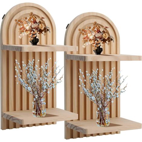 Set of 2 mid-century modern bohemian style wooden wall shelves, double layer, floating hanging shelves for living room, bedroom, bathroom (1/4)