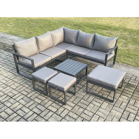 Fimous Outdoor Garden Furniture Set Aluminium Lounge Sofa Square Coffee Table Sets with 3 Footstools Indoor Conservatory Set Dark Grey (1/5)