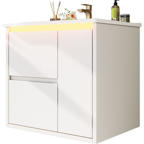 Meuble vasque de salle de bains, éclairage led, fermeture douce, 61 x 46,5 x 57 cm, céramique et MDF, blanc (1/5)