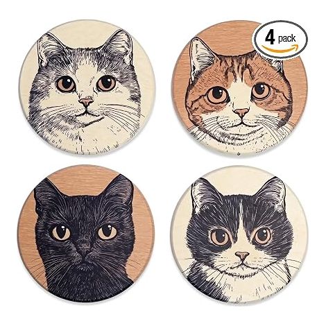 Dessous de Verre Bois avec Motifs de Chat, sous tasse,Sous Verre 10x10cm pour Café, Boissons et Bière, Protection de Table Résistante à la Chaleur,Décoration de Cuisine (1/5)