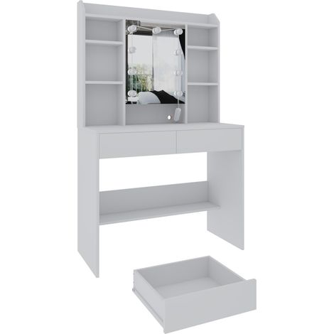 Toeletta Tavolino Trucco Tavolo Con 9 Luci LED Luminosità E Tonalità Regolabili Specchio 2 Cassetti 7 Vani A Giorno Mensole Regolabili Postazione Make Up In Legno Moderno 40 x 90 x 144.7 Cm Bianco