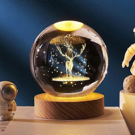 Veilleuse boule de cristal 3D Forêt de cerfs, lampe à projection, modèle planète, LED, socle en bois, 6 cm, cadeau de Noël, décoration intérieure (1/5)