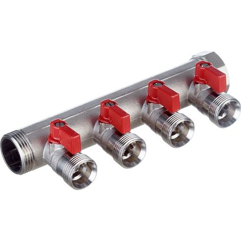 VB collettore con valvola a sfera e maniglia rossa ø1"MF 4 derivazioni Eurocono VB060504ROOD
