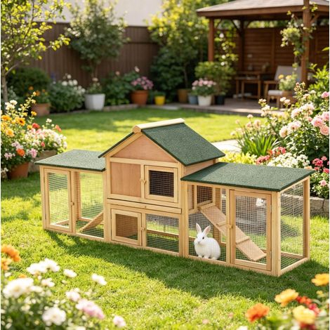 Outdoor-Kaninchenstall mit Auslauf, 210 x 45,5 x 84,5 cm, natur und grün HAVRYA (1/5)