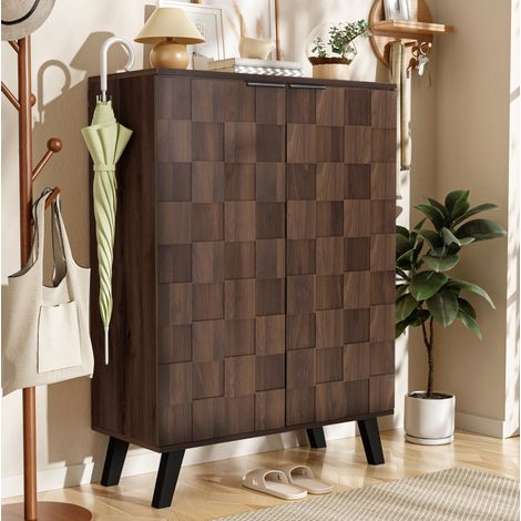 Meuble à chaussures 80x35.5x110 cm bois foncé en panneaux de particules avec 5 compartiments et étagères réglables (1/5)