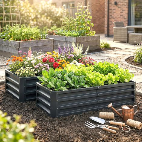Lot de 2 carrés potagers de jardin rectangulaire tôle d'acier ondulée 120 x 60 x 30,5 cm gris (1/5)
