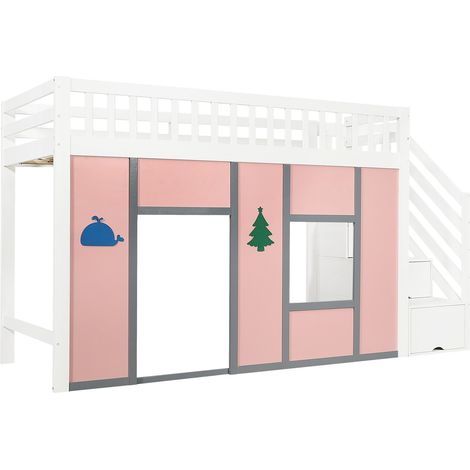 Cama alta infantil 90 x 200 cm blanca y rosa con escalera de almacenaje y LED (1/5)