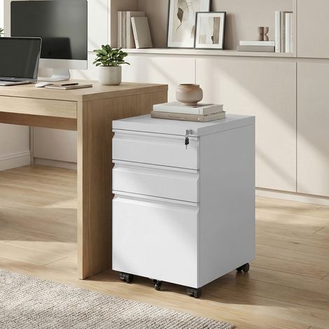 Caisson Mobile à Roulettes, 3 Tiroirs Verrouillables en Acier, Meuble de Bureau pour Domicile, Support Imprimante, Blanc (1/5)
