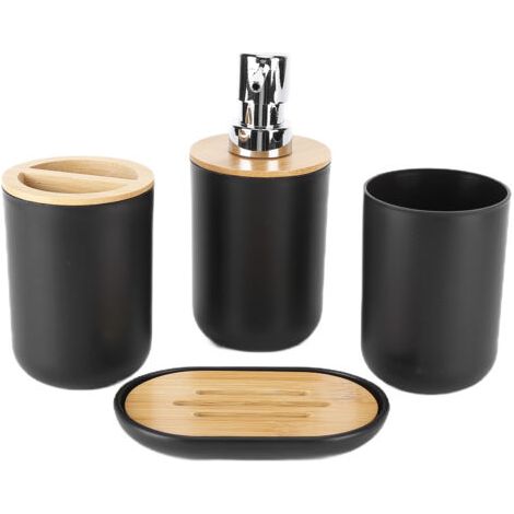 Eosnow Ensemble d'accessoires de salle de bain en bambou, 4 pièces, étanche, Durable, cadeau, tasse de brosse à dents, pour la maison, l'htel, noir (1/5)