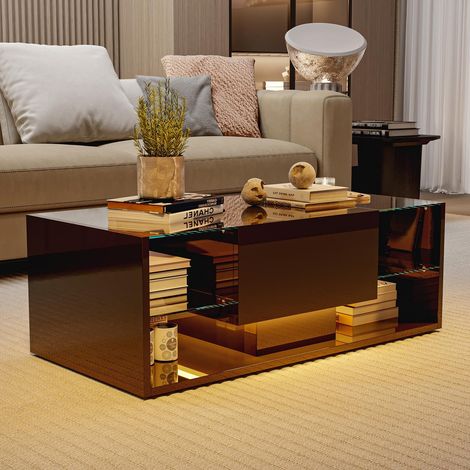 Tavolino - 100x50x35 cm - con illuminazione LED RGB, contenitore, cassetto e vetro temperato - Design laccato - Nero (1/5)