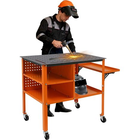 Table de soudage professionnelle, 111 x 60 cm, avec 4 roues et capacité de charge de 500 kg, en acier, avec plaque perforée et crochet à outils, pour atelier et industrie, orange
