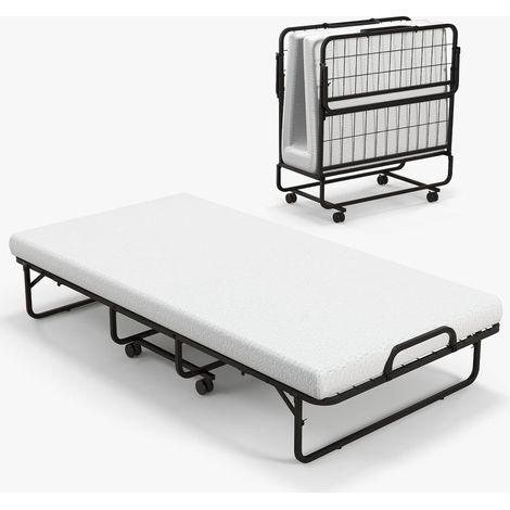 GOPLUS Lit Pliant 190x96x38CM avec Matelas en Mousse, Charge 180KG, Cadre en Metal/Ressort/4 Roulettes Universelles, Blanc (1/5)