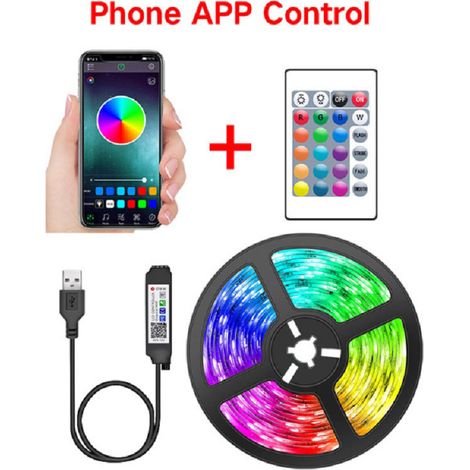 Bande lumineuse LED RGB, télécommande à 24 touches, 16 couleurs à intensité variable, contrôle par application (10 mètres). (1/5)