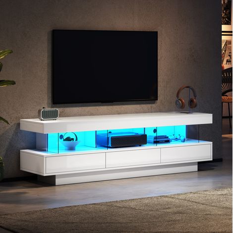 Mueble TV 160x38x50.5 cm blanco en tablero de partículas con acabado brillante, LED Bluetooth y 3 compartimentos de vidrio (1/5)