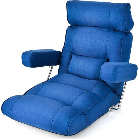 GOPLUS Fauteuil au Sol 1 Place Pliable Réglable, Fauteuil Paresseux avec Appui-tête Réglable à 6 Positions/Support Lombaire/Siège Allongé, Salon, Chambre, Bureau, Charge 150KG, 80 x 72 x 75 cm (Bleu) (1/5)