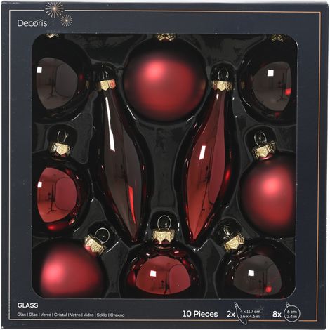 Decoris Weihnachtskugeln mit Tropfen-Ornamente aus Glas Ø 6 cm ochsenblut 10 Stück