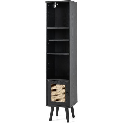 Armadietto boho con porta in rattan gambe in legno massello, Mobile sottile autonomo ripiano regolabile Nero (1/5)