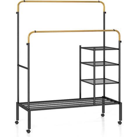 Stendibiancheria a rotelle 135 x 54 x 164/170 cm regolabile con pratico vano portaoggetti stile moderno acciaio al carbonio nero o oro 200013735