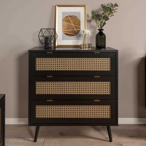 Cassettiera 80x80h cm con 3 cassetti colore nera con frontali vimini - Vienna03A (1/5)