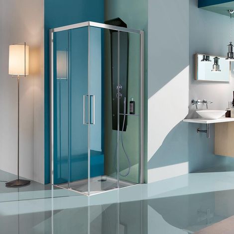 Samo - Paroi de douche d'angle ouverture coulissant 67-69 cm profilé chromé brillant transparent version droite - Europa SP