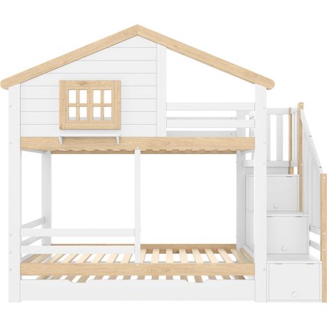 Litera infantil 90x200 cm con cama nido y escalera de almacenaje blanco/natural (1/5)