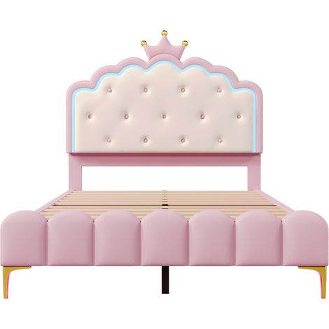 Cama acolchada 140 x 200 cm, con iluminación ambiental, PU, corona de princesa, rosa (1/5)