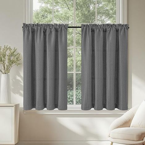 Rideau Cuisine Court Rideaux Brise Bise, Motif Gaufre Gris 90L X 90H cm Panneaux à Passe Tringle, Chambre Petite Fenêtre Placard Meuble Bas (1/4)