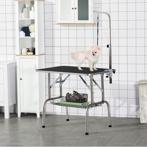Table de toilettage pliable 90x60x75 cm inox noir pour soin des chiens, avec panier - CHICFURN (1/5)