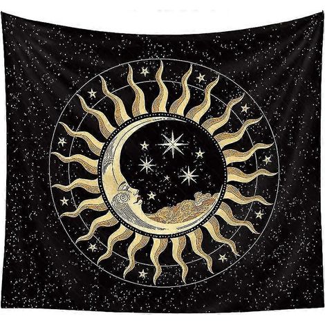 Wandteppich mit Sonne und Mond, Wandbehang, Decke, Ornamente, Hippie-Sterne, Wandteppich-Dekoration für Wohnzimmer, Schlafzimmer (schwarz, 100 x 150 cm) (1/5)