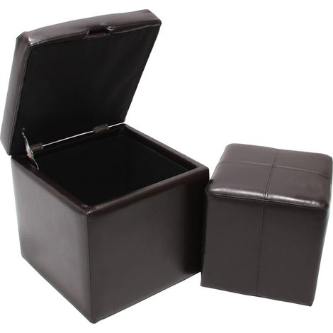 Juego de 2 taburetes cubos taburetes con caja de almacenamiento Onex, cuero + cuero sintético, 45 x 44 x 44 cm, certificado MVG, marrón (1/2)