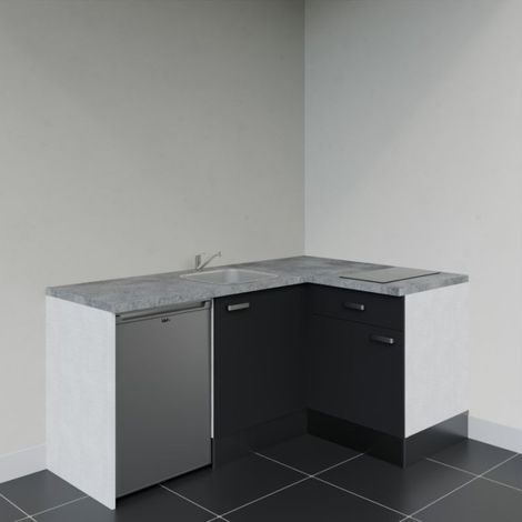 Kitchenette KA01 Noir - Plan de travail Gris béton - Crédence : Non - Electroménager : Inox (1/4)