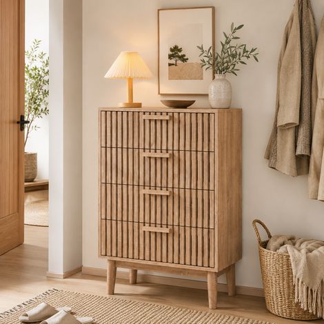 Commode 4 Tiroirs 60x34x91 cm, Meuble Rangement en Bois, Façades à Lames Verticales et Pieds Hauts, pour Chambre Salon, Bois Clair (1/5)