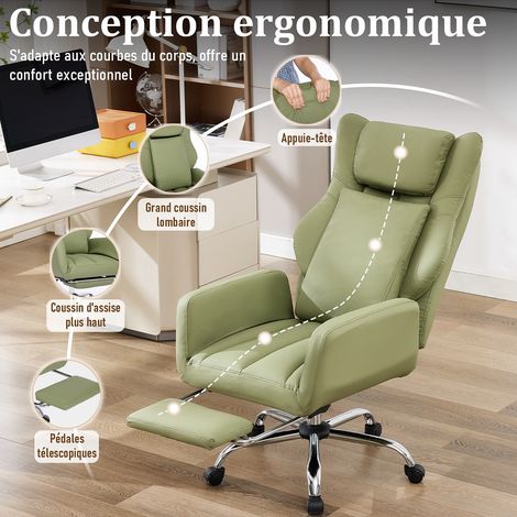 Chaise de Bureau en Cuir PU Vert, Ergonomique, Dossier Réglable 90°-135°, Pivotante 360°, Repose-Pied, Accoudoirs Rabattables, Roulettes Silencieuses (1/5)