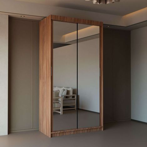 Modern 2 & 3 Door Sliding Wardrobe with Full-Length Mirror & LED Light - Walnut90cm