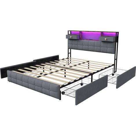 Lit 160x200 coffre, lit double avec 4 tiroirs, lit adulte avec LED et USB/Type c, Cadre de Lits Capitonnée 2 Personnes, tête de lit  rangement en velours avec 2 tiroirs, Gris, sans matelas, MDF (1/4)