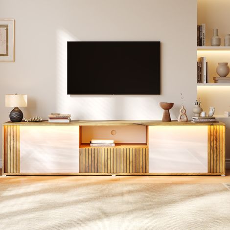 Meuble TV sur pied avec 2 portes d'armoire et 1 tiroir, meuble TV avec LED, TV-board, table TV, pour TV 75 pouces, pour salon/chambre, blanc+couleur bois (1/5)