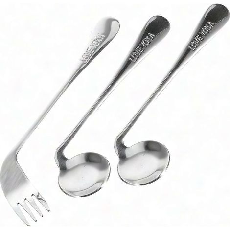 Cuillère et fourchette incurvées auto-alimentantes pour seniors - Couverts inclinés facilitant les repas, lot de 2 (1/4)