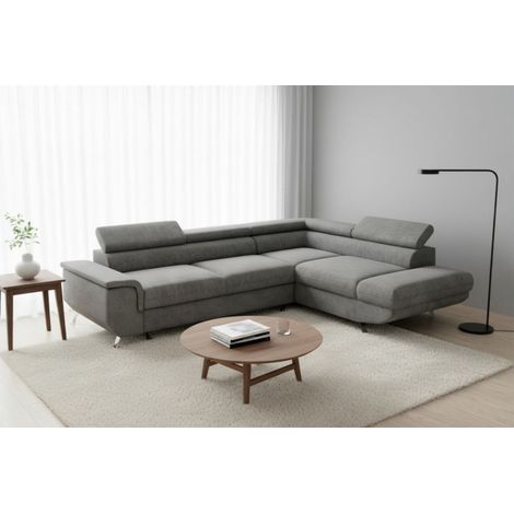 Ecksofa mit Schlaffunktion PLATO Sofa in Stoff Onega Dunkelgrau Ottomane Rechts