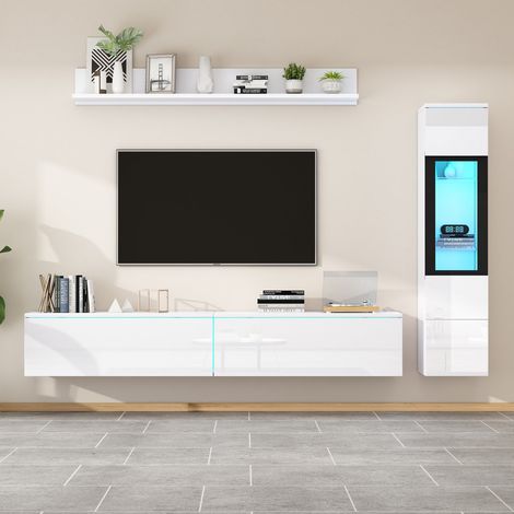 Ensemble meuble tv 3 pièces blanc brillant avec led, meuble tv, vitrine et étagère murale (1/5)
