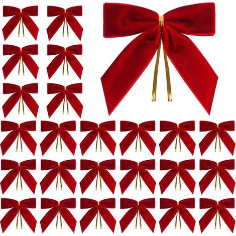 Un lot de 24 nœuds de Noël en velours rouge, ornements de Noël, 8,9 x 8,9 cm, adaptés aux fêtes, aux sapins de Noël, à la décoration intérieure et aux (1/5)