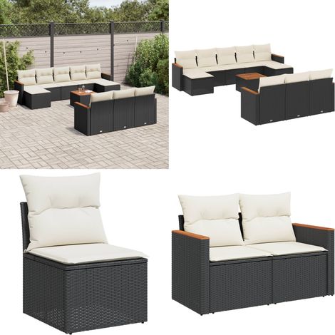 11-tlg. Garten-Sofagarnitur mit Kissen Schwarz Poly Rattan - Gartenmöbel Set - Outdoor Lounge - Rattan Gartenset - Gartenstuhl - Esstisch - Home & Living (1/5)