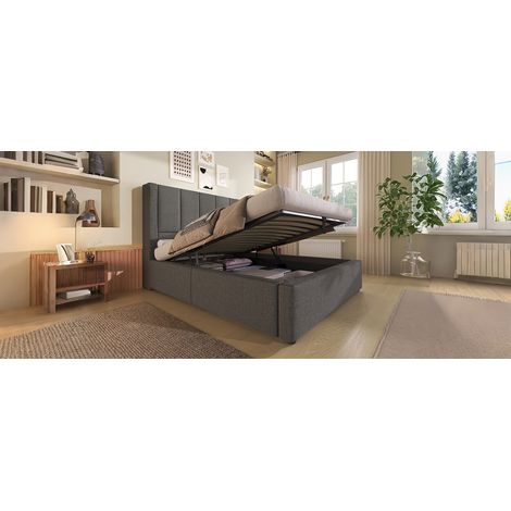 Cama 90x200 cm de tejido gris con almacenaje y USB, para ahorrar espacio, sin colchón – MEUBLIV (1/5)