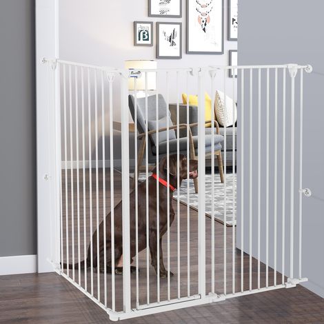 Cancelletto per cani pieghevole a 3 pannelli in acciaio bianco con doppia serratura e sportello integrato per porte e scale
