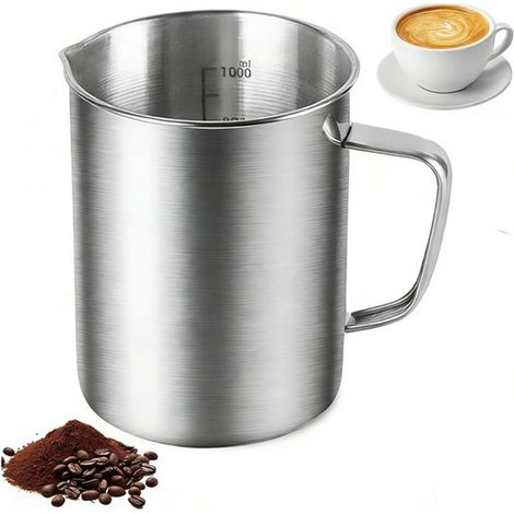 Misurino in acciaio inox, capacità 1 litro, con tacche graduate, design elegante con manico, realizzato in acciaio inox per uso in cucina e bar, lavabile in lavastoviglie. (1/5)