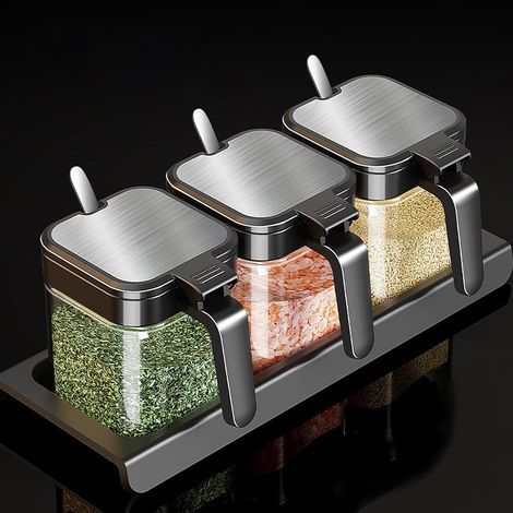 3-compartment glass spice jar with integrated spoon – (Black) - Suitable for home and household use. (1/5)