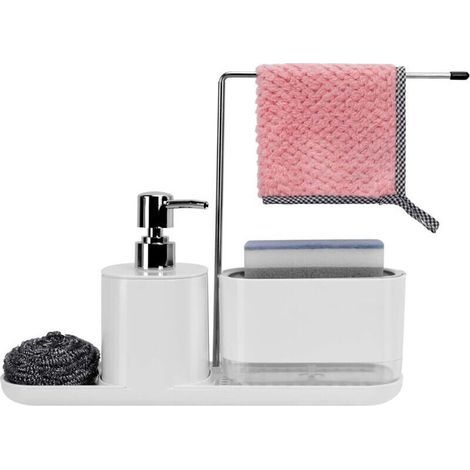 5 en 1 Distributeur Liquide Vaisselle Cuisine Organisateur d'évier de Cuisine Blanc Porte-éponge de Qualité Distributeur Savon Liquide Mains Porte Chiffon 500ml