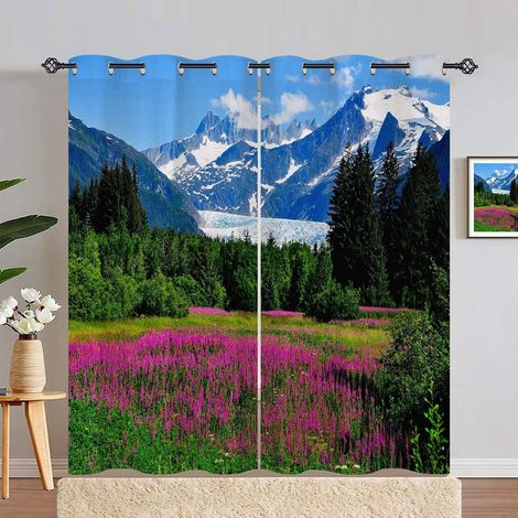 Rideau Occultant Nature Neige Montagne Forêt Fleur Rideau Thermique Isolant Tenture Opaque à Oeillets Draperies Intérieurs pour Maison Chambre Salon 2 Panneaux L 140 x H 280 cm - 140L X 280H cm (2 Pan (1/5)