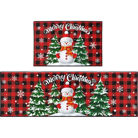 Juego de 2 tapetes de cocina antideslizantes y lavables con diseño de muñeco de nieve navideño. Tapetes de estilo rústico con estampado de copos de nieve. (1/4)